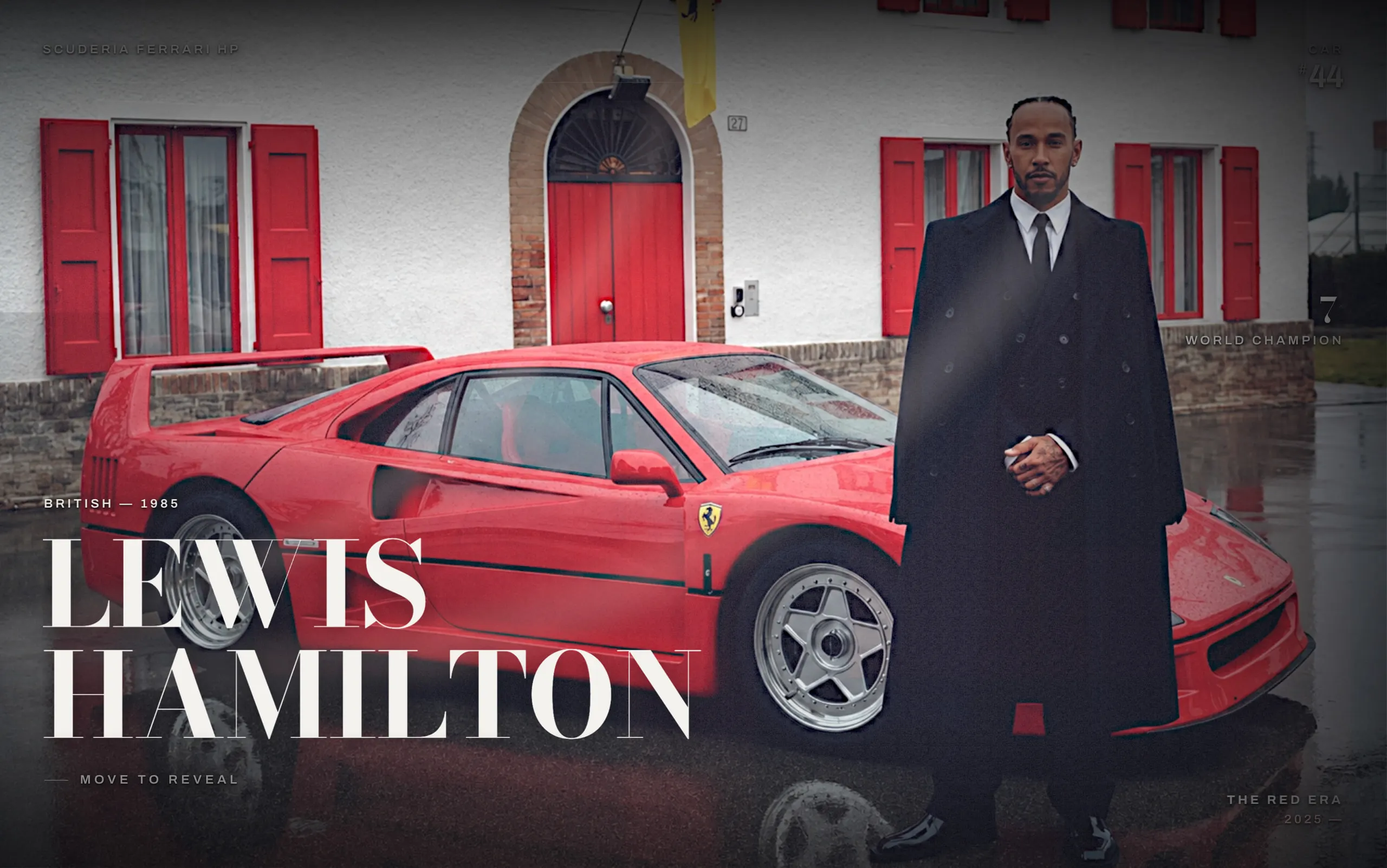 Conceito de site editorial para Lewis Hamilton: o piloto ao lado de uma Ferrari F40 vermelha, nome em serifa gigante.